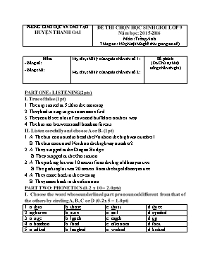 Đề thi chọn học sinh giỏi môn Tiếng Anh Lớp 9 - Năm học 2015-2016 - Trường THCS Hồng Dương (Có đáp án)